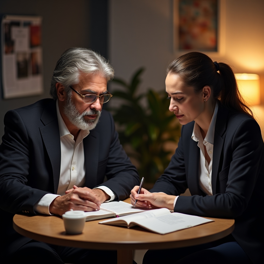 Zwei Personen sitzen an einem Tisch mit aufgeschlagenen Notizbüchern während eines Mentoring-Gesprächs