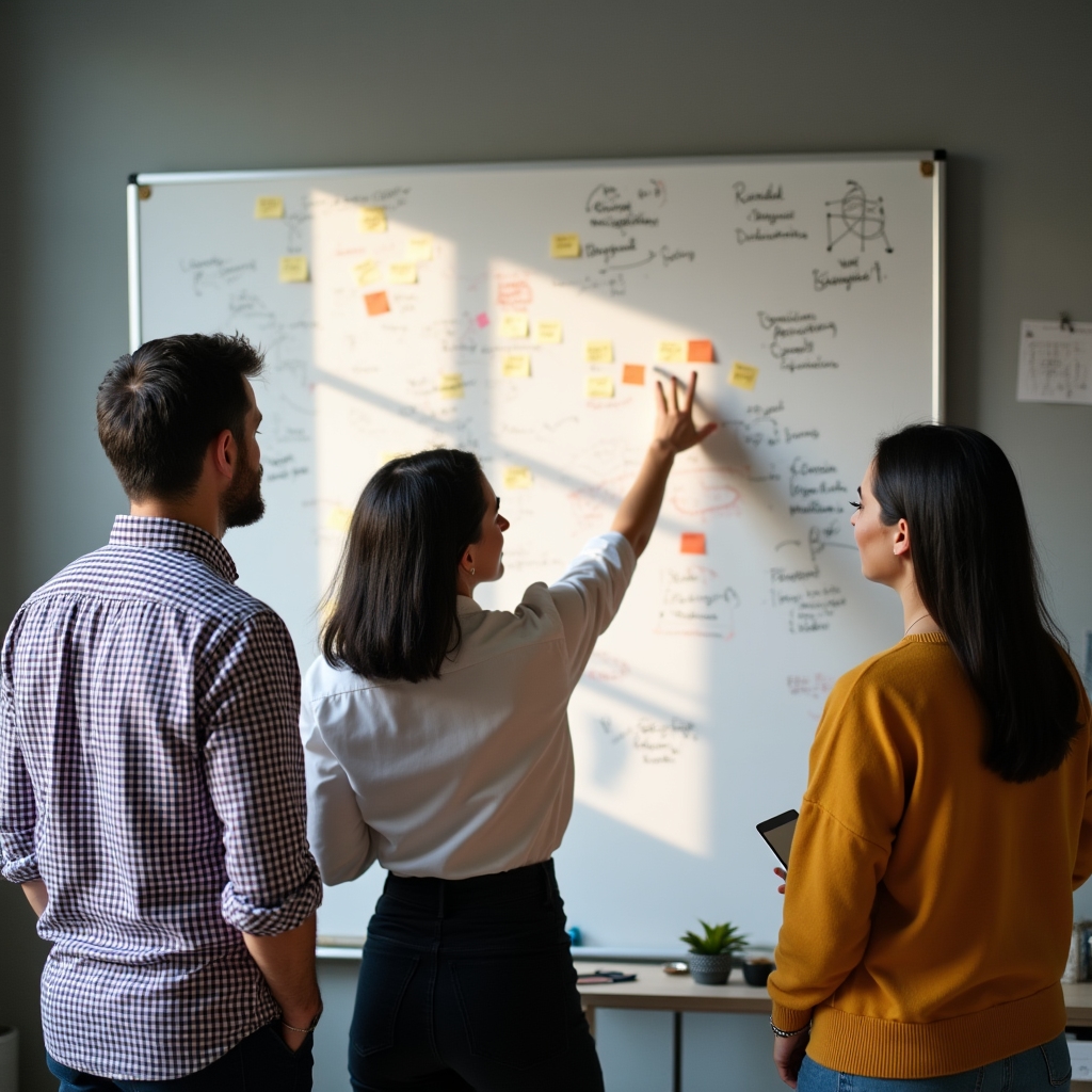 Team arbeitet gemeinsam an einem Whiteboard mit Notizen zu Kommunikationsmustern