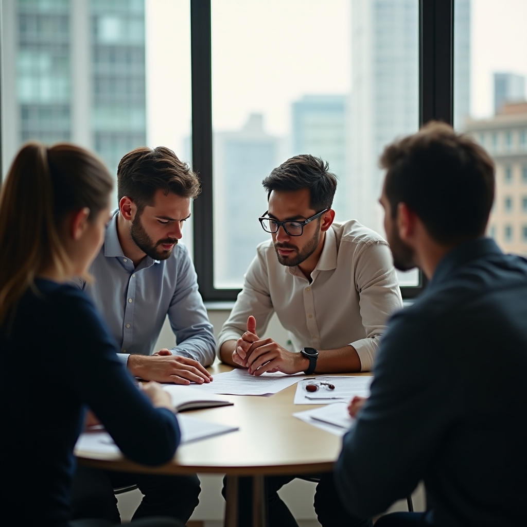 Team bespricht Feedback in einem hellen Besprechungsraum mit Blick aus dem Fenster