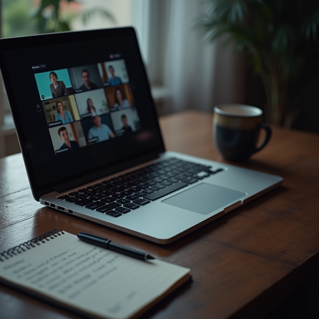 Laptop mit Notizen während einer Online-Webinar-Session auf einem Holztisch