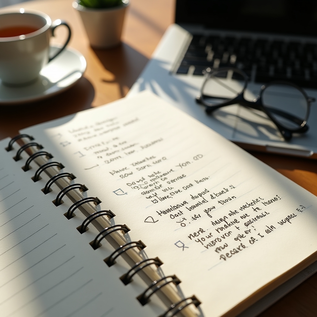 Notizbuch mit handschriftlichen Stichpunkten neben einem Laptop auf einem Schreibtisch